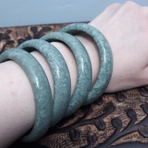 Lot of 4, elegant, stone, jade, green & white bangle bracelets 2.25" gap